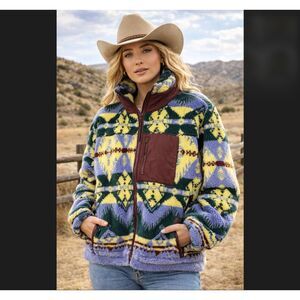 Wrangler Sherpa Jacket Large Aztec Southwestern Fleece Zip Retro Cozy Pocket NWT